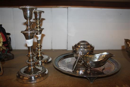 Pair of Elkington and Co plated candlesticks and 3 other items